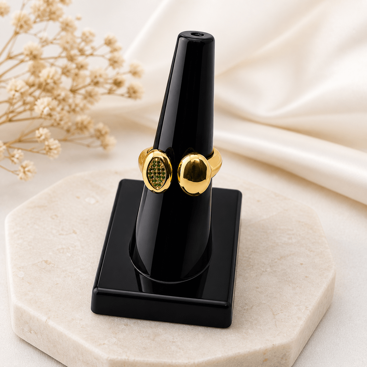 Dual Oval Statement Ring with Green Stone Accent | Adjustable Luxury Fashion Ring for Women - Image 2