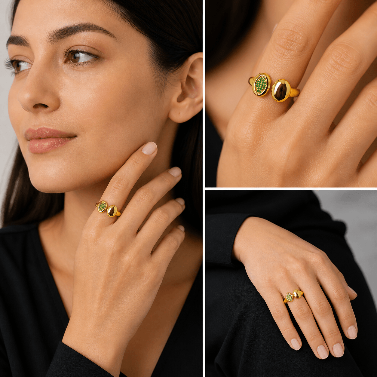 Dual Oval Statement Ring with Green Stone Accent | Adjustable Luxury Fashion Ring for Women - Image 3