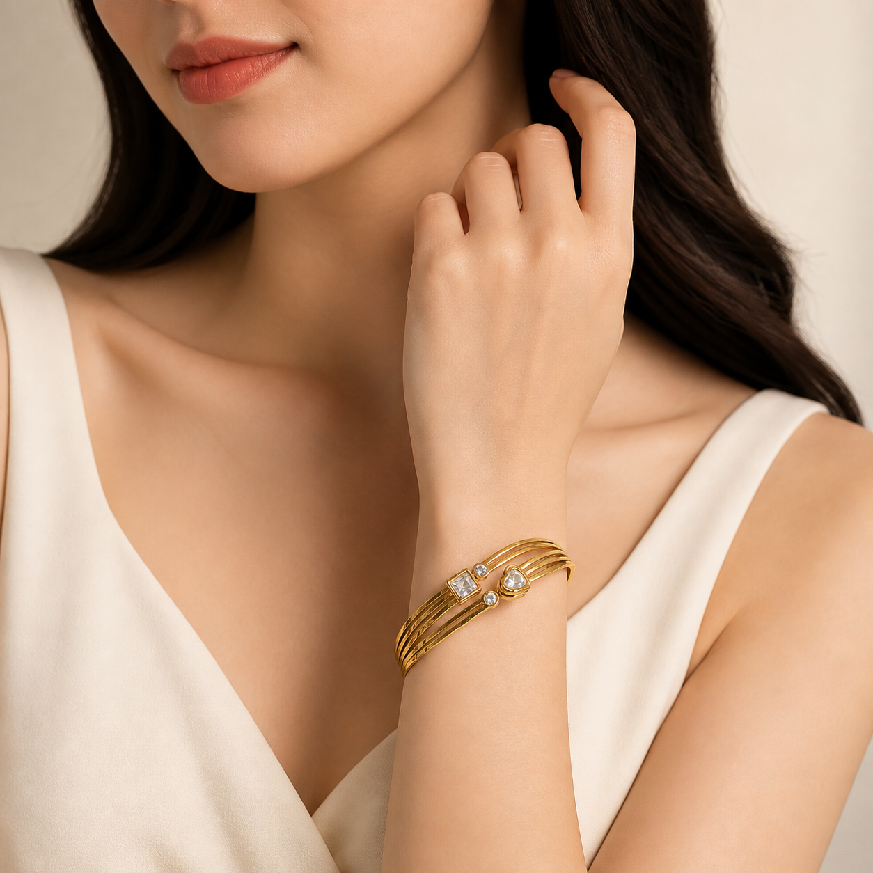 Elegant Gold-Plated Multi-Layer Bracelet with Heart & Square Crystal Accents for Women | Minimal Luxury Cuff Bangle Jewelry - Image 3