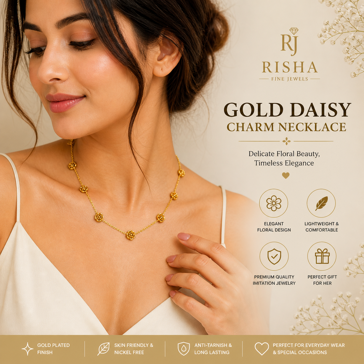 Elegant Gold Rose Charm Necklace Set for Women – Minimal Floral Imitation Jewelry with Matching Earrings - Image 3
