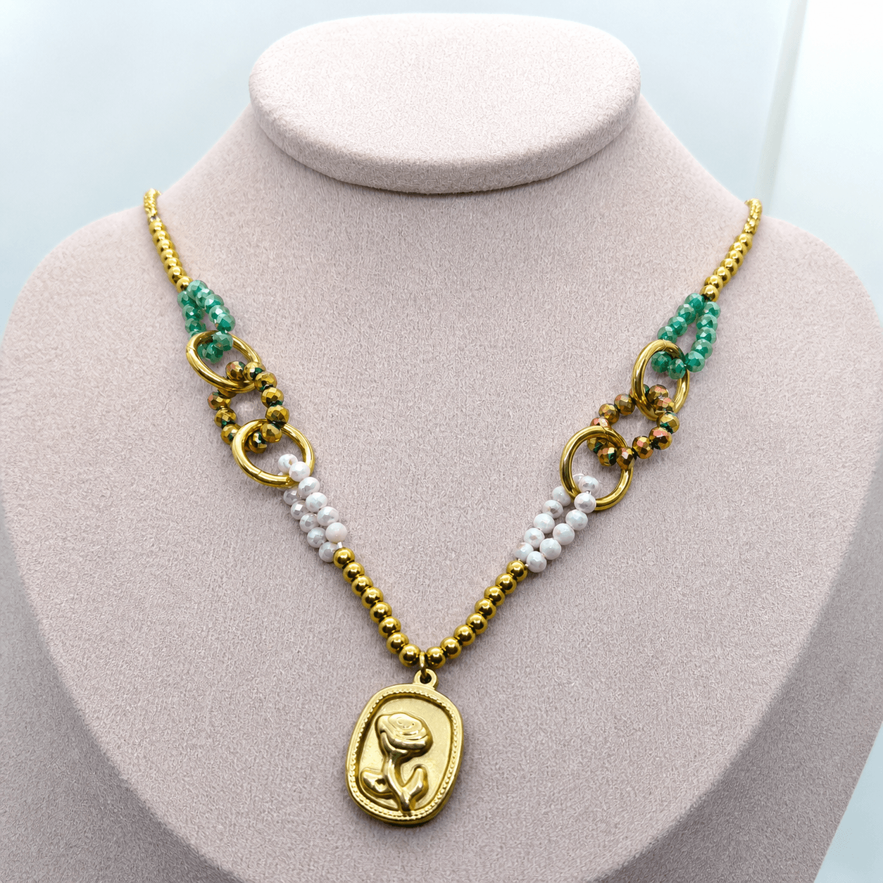 Elegant Gold-Tone Beaded Necklace with Green Crystal Accents & Floral Pendant