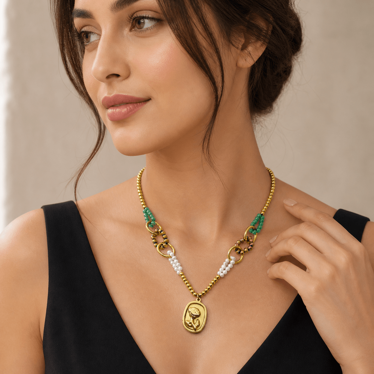 Elegant Gold-Tone Beaded Necklace with Green Crystal Accents & Floral Pendant - Image 3