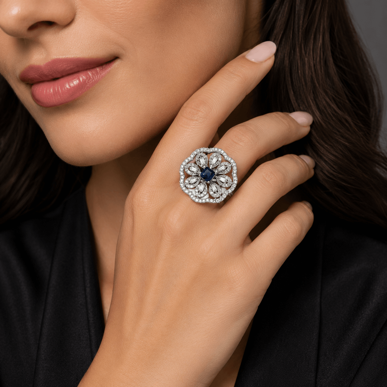 Elegant Sapphire Blue Floral Statement Ring for Women - Image 3