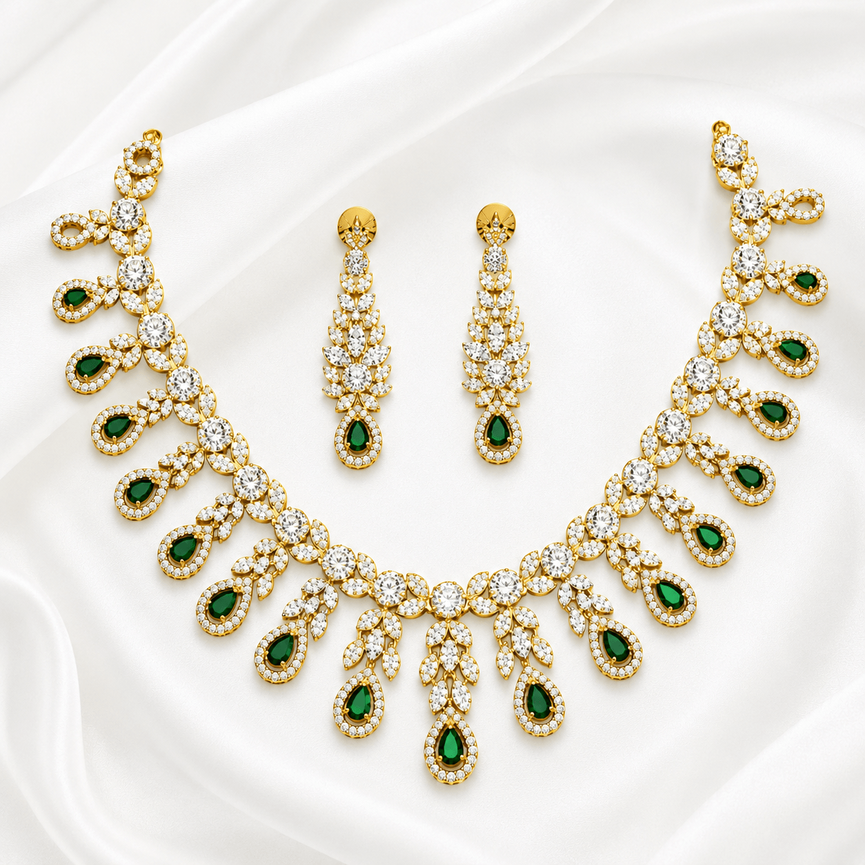 Emerald Drop American Diamond Necklace Set with Earrings - Image 2