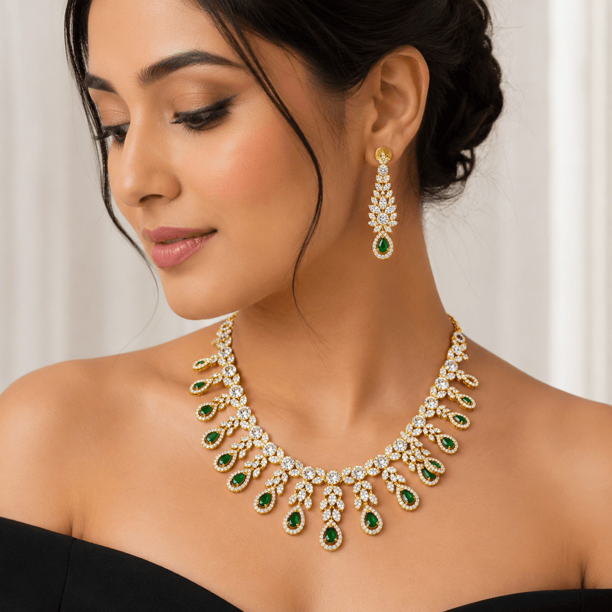 Emerald Drop American Diamond Necklace Set with Earrings - Image 3