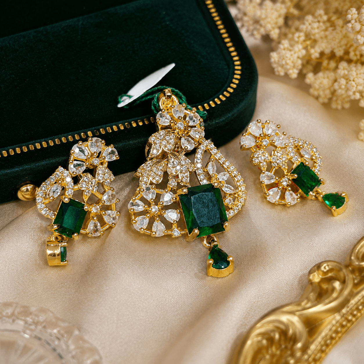 Emerald Green Crystal Pendant & Earrings Set for Women | Luxury Gold-Plated Party Wear Jewelry - Image 2
