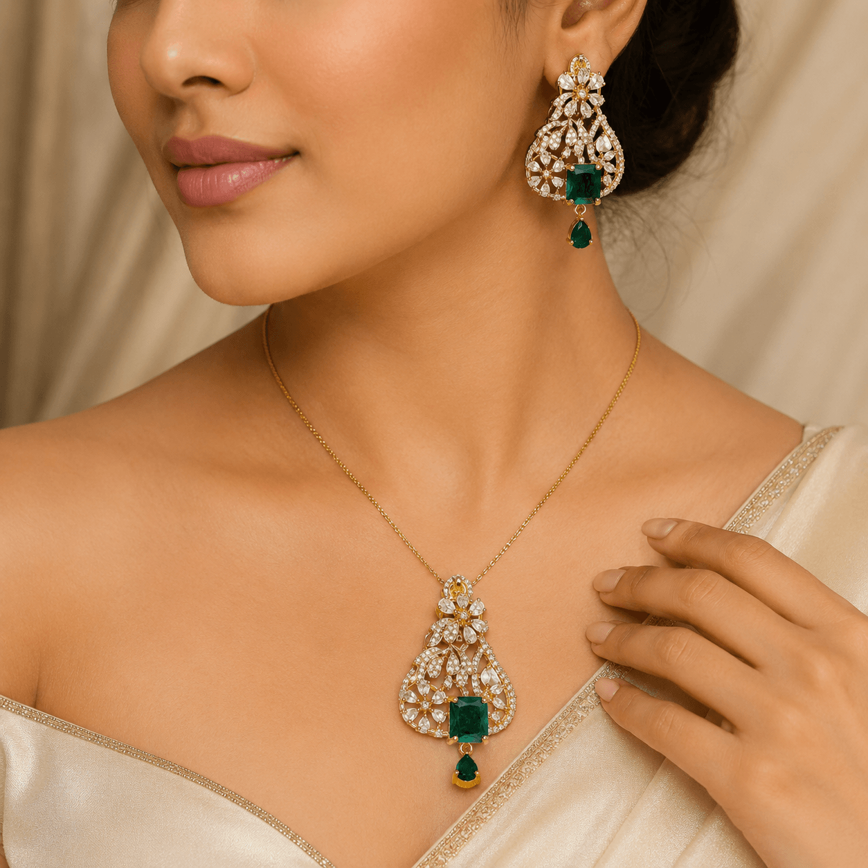Emerald Green Crystal Pendant & Earrings Set for Women | Luxury Gold-Plated Party Wear Jewelry - Image 3