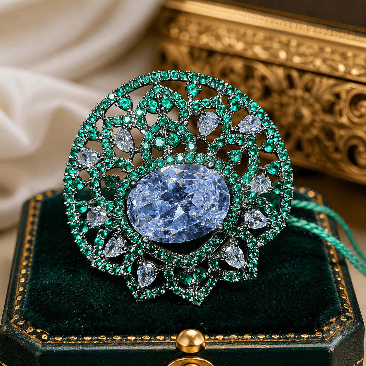 Emerald Halo Statement Ring with Oval Crystal Center - Image 2