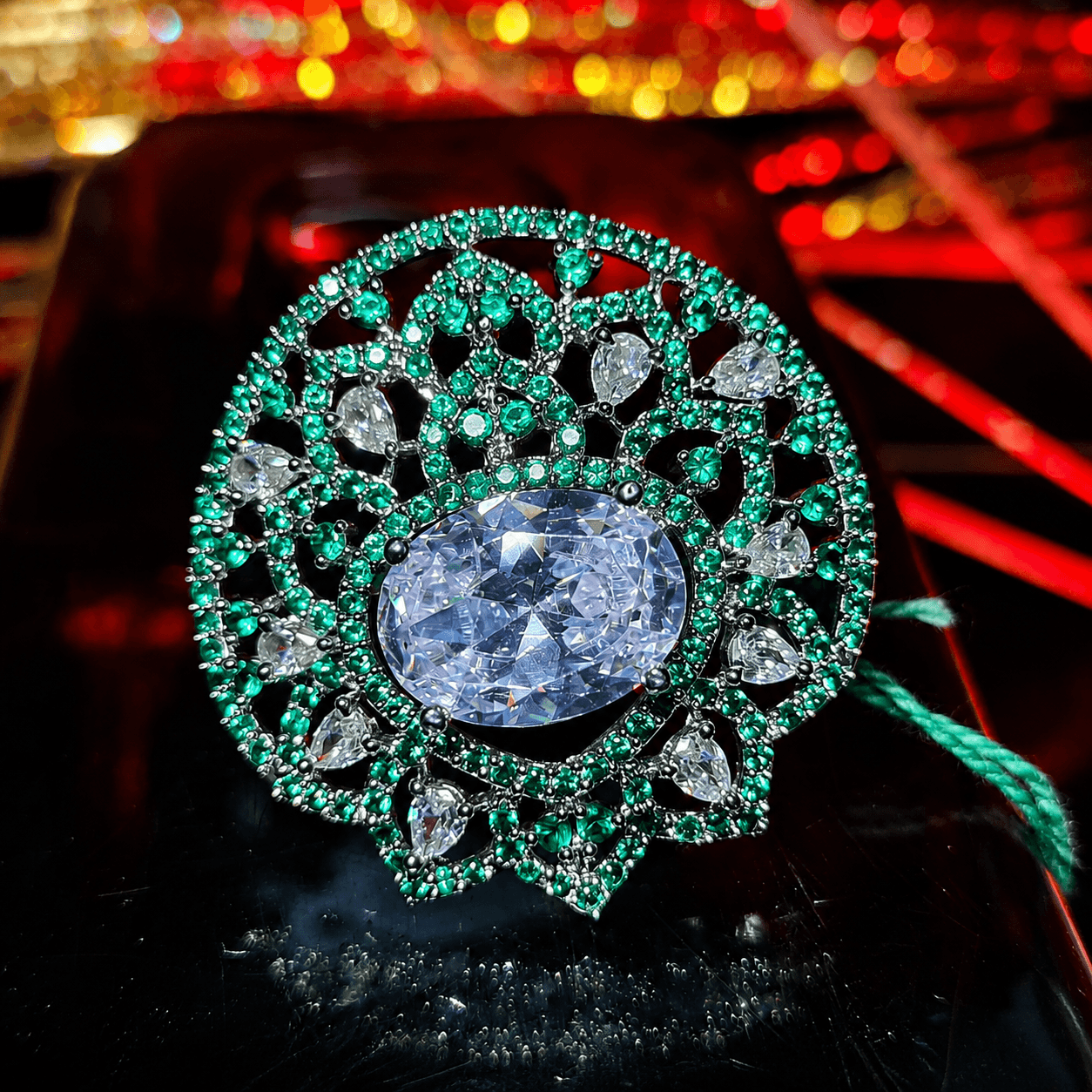 Emerald Halo Statement Ring with Oval Crystal Center