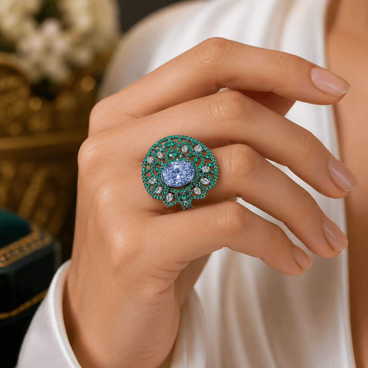 Emerald Halo Statement Ring with Oval Crystal Center - Image 3