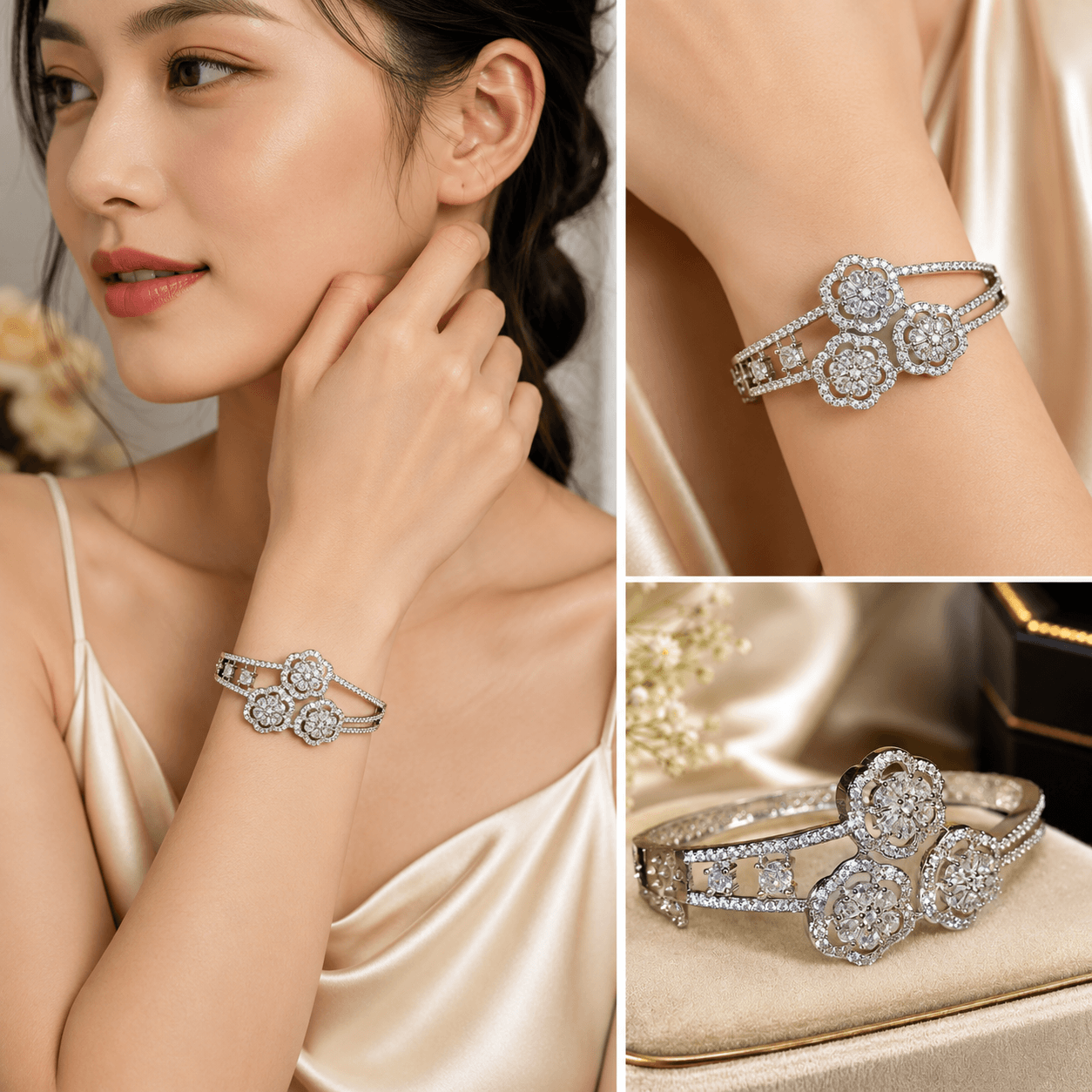 Floral Crystal Studded Silver-Tone Designer Bracelet for Women | Premium Artificial Jewelry - Image 3