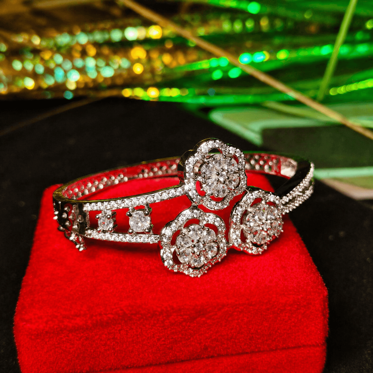 Floral Crystal Studded Silver-Tone Designer Bracelet for Women | Premium Artificial Jewelry