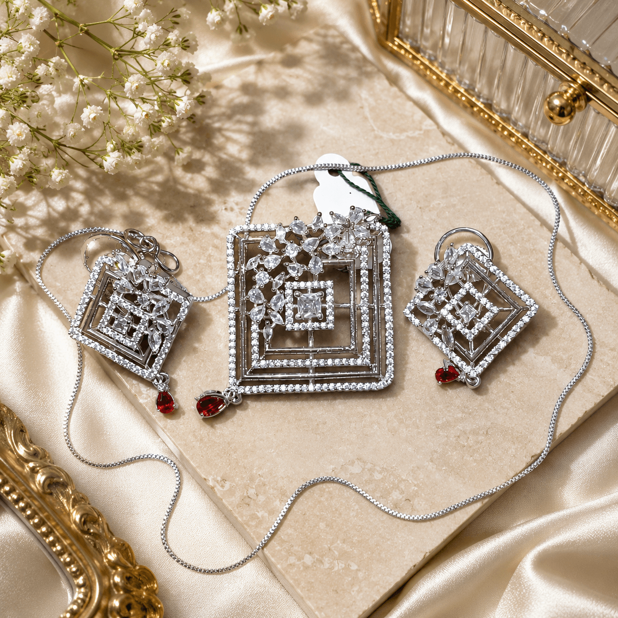 Geometric CZ Diamond Pendant Set with Red Drop Accents | Elegant Silver-Tone Necklace & Earrings for Women - Image 2