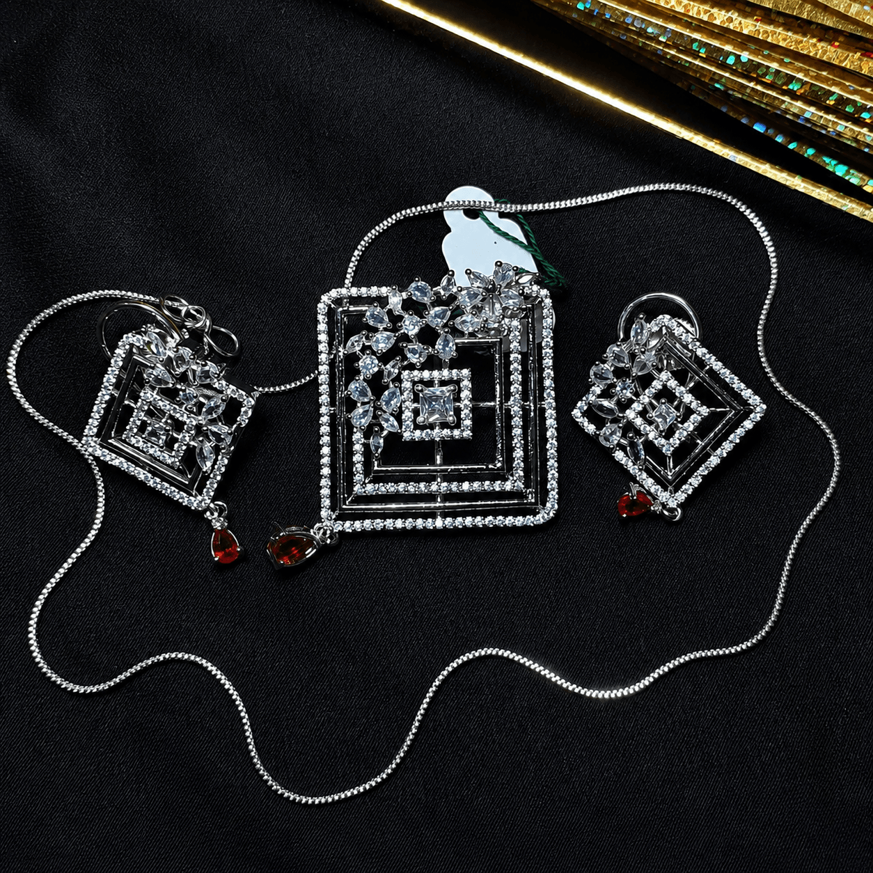 Geometric CZ Diamond Pendant Set with Red Drop Accents | Elegant Silver-Tone Necklace & Earrings for Women