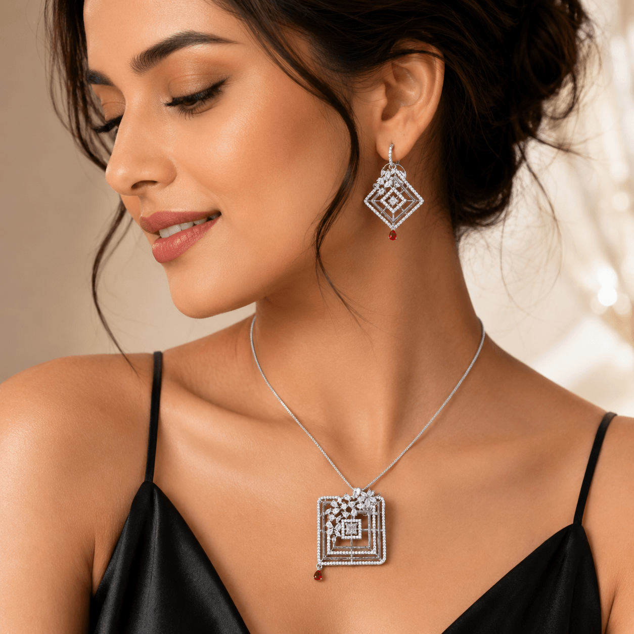 Geometric CZ Diamond Pendant Set with Red Drop Accents | Elegant Silver-Tone Necklace & Earrings for Women - Image 3