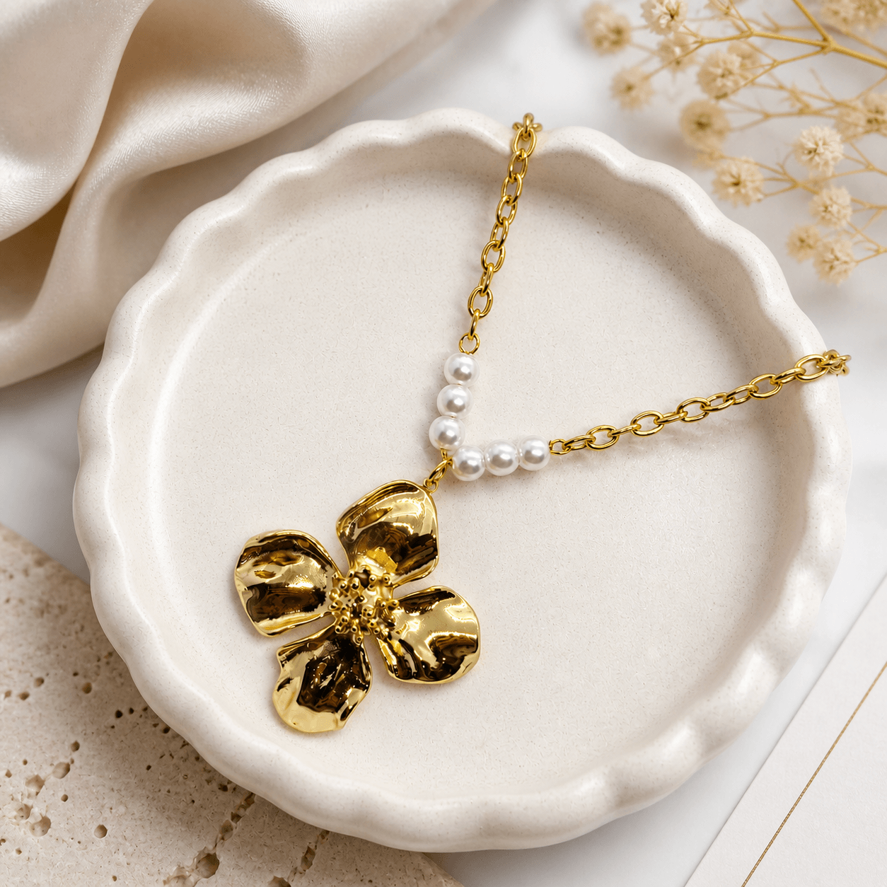Gold Floral Pendant Necklace with Pearl Accents – Elegant Minimalist Jewelry - Image 2