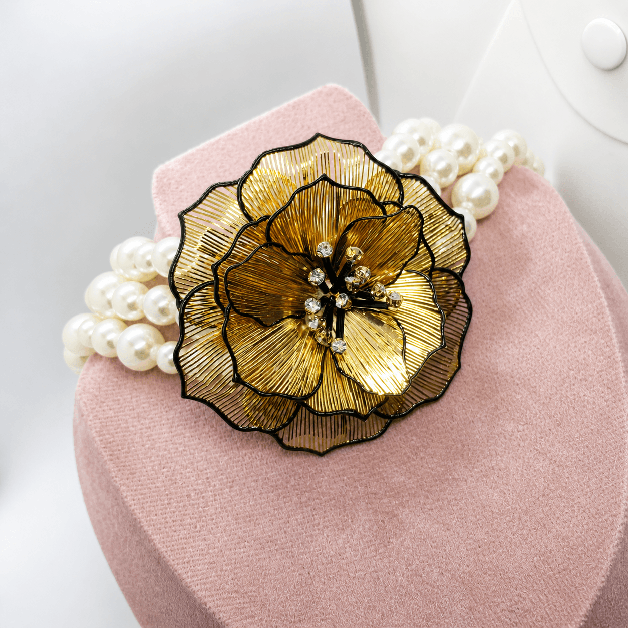 Gold Floral Statement Pearl Choker Necklace with Crystal Accents – Risha Fine Jewels