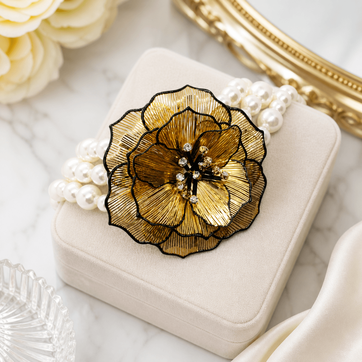 Gold Floral Statement Pearl Choker Necklace with Crystal Accents – Risha Fine Jewels - Image 2