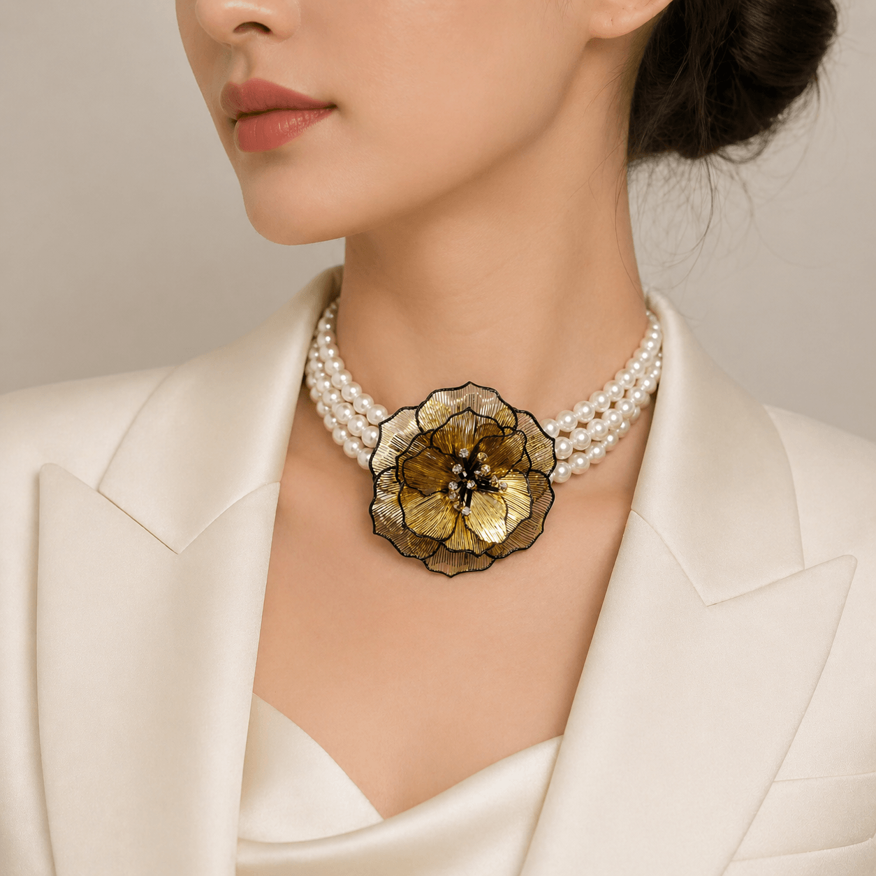 Gold Floral Statement Pearl Choker Necklace with Crystal Accents – Risha Fine Jewels - Image 3