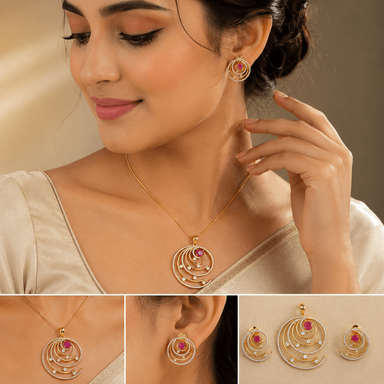 Gold-Plated CZ & Ruby Stone Artificial Jewellery Set with Matching Earrings - Image 3