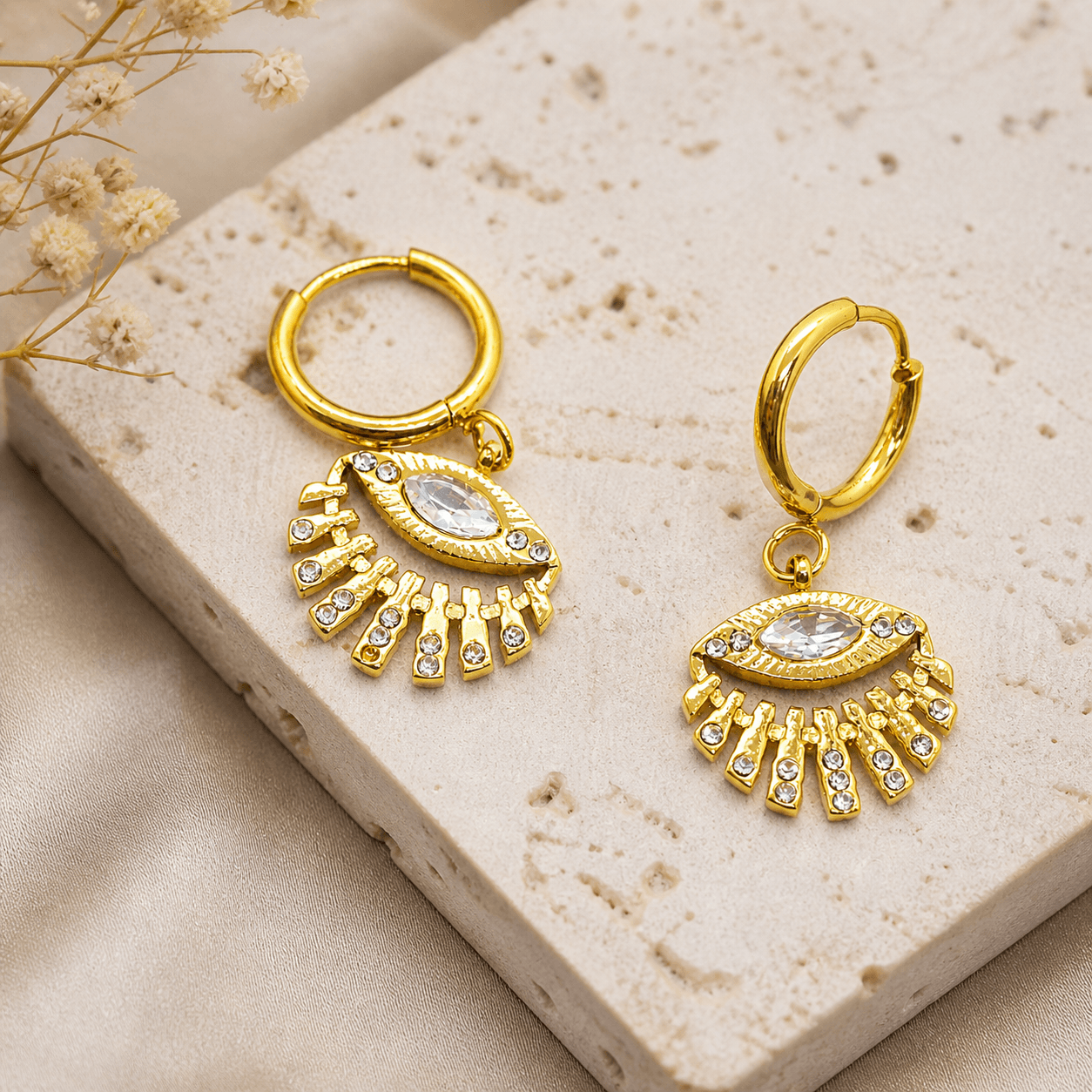 Gold Plated Evil Eye Hoop Earrings with Crystal Dangle – Premium Imitation Jewelry for Women - Image 2