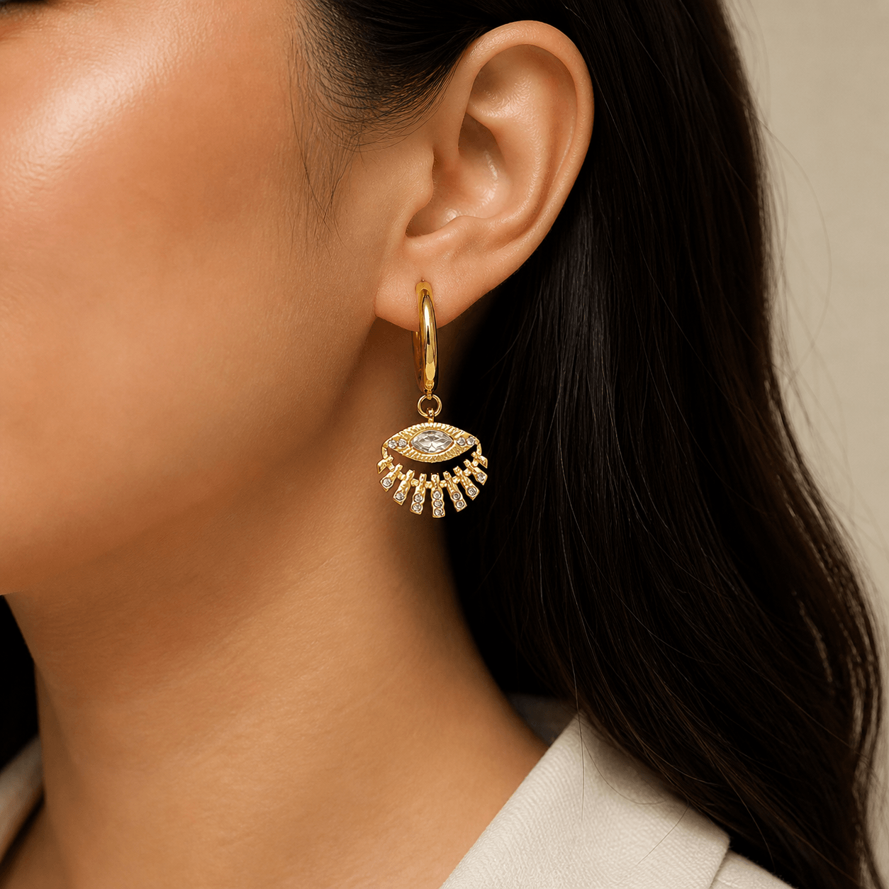 Gold Plated Evil Eye Hoop Earrings with Crystal Dangle – Premium Imitation Jewelry for Women - Image 3