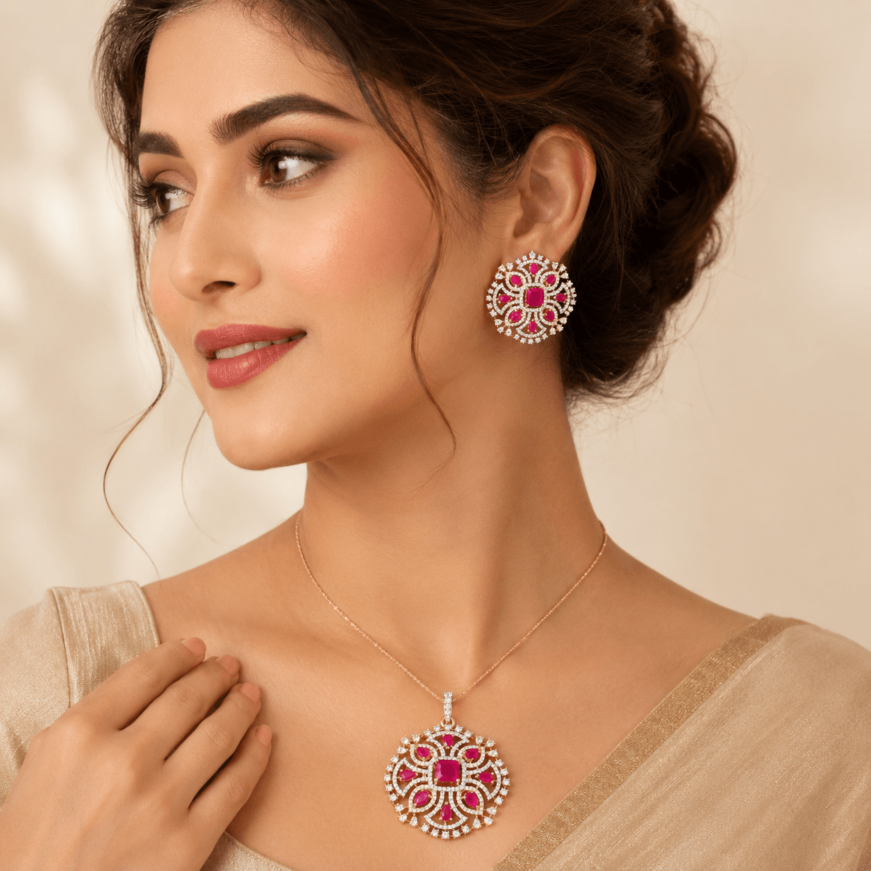 Gold Plated Floral Design Artificial Jewellery Set with Earrings - Image 3