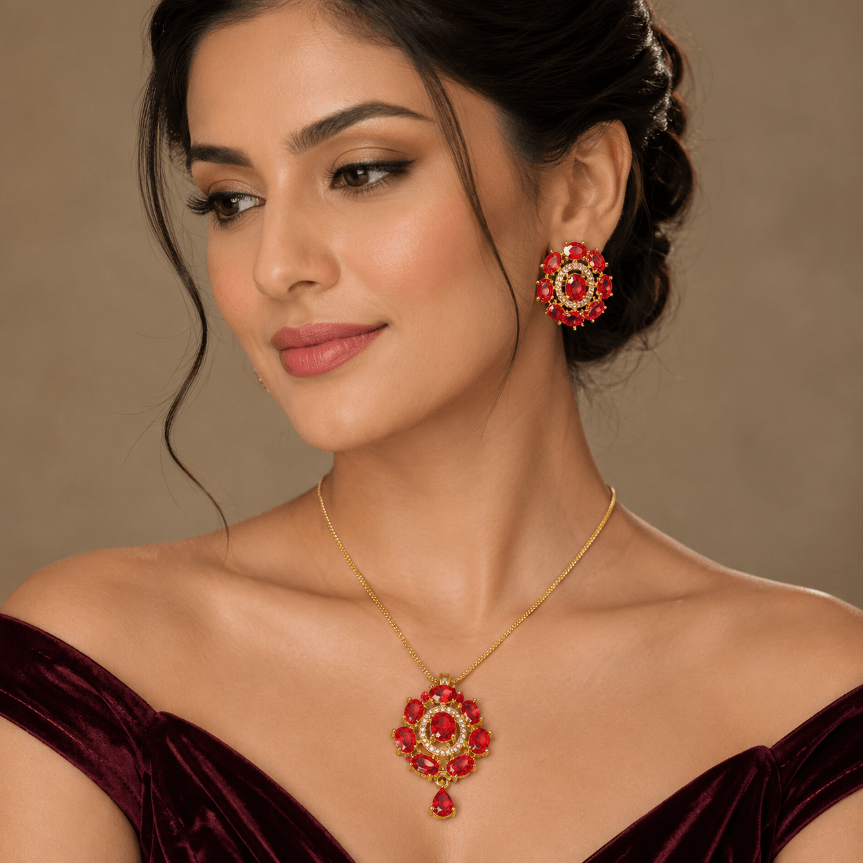 Gold-Plated Pendant Set with Matching Earrings for Women | Elegant Bridal & Party Jewelry - Image 3