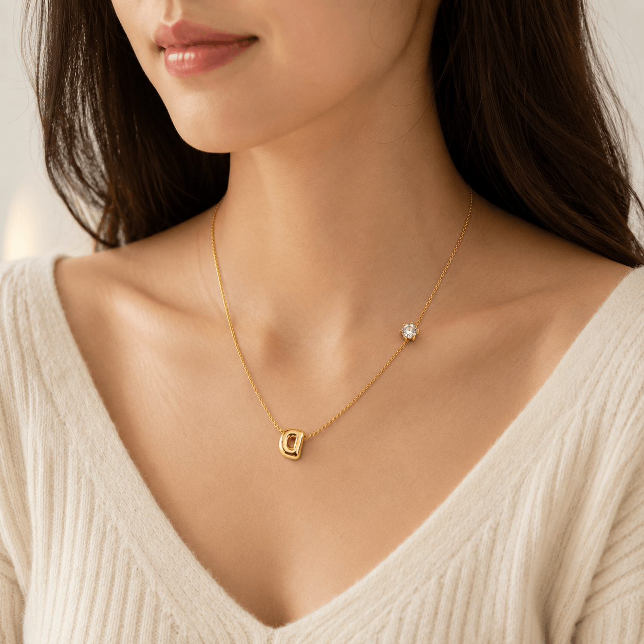 Gold-Toned Initial Pendant Necklace with CZ Stone for Women - Image 3