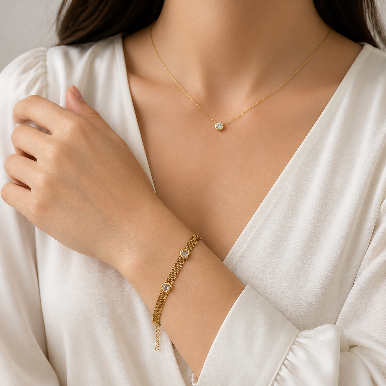 Heart Charm Mesh Bracelet with Crystal Accents – Minimalist Adjustable Wrist Jewelry for Women - Image 3
