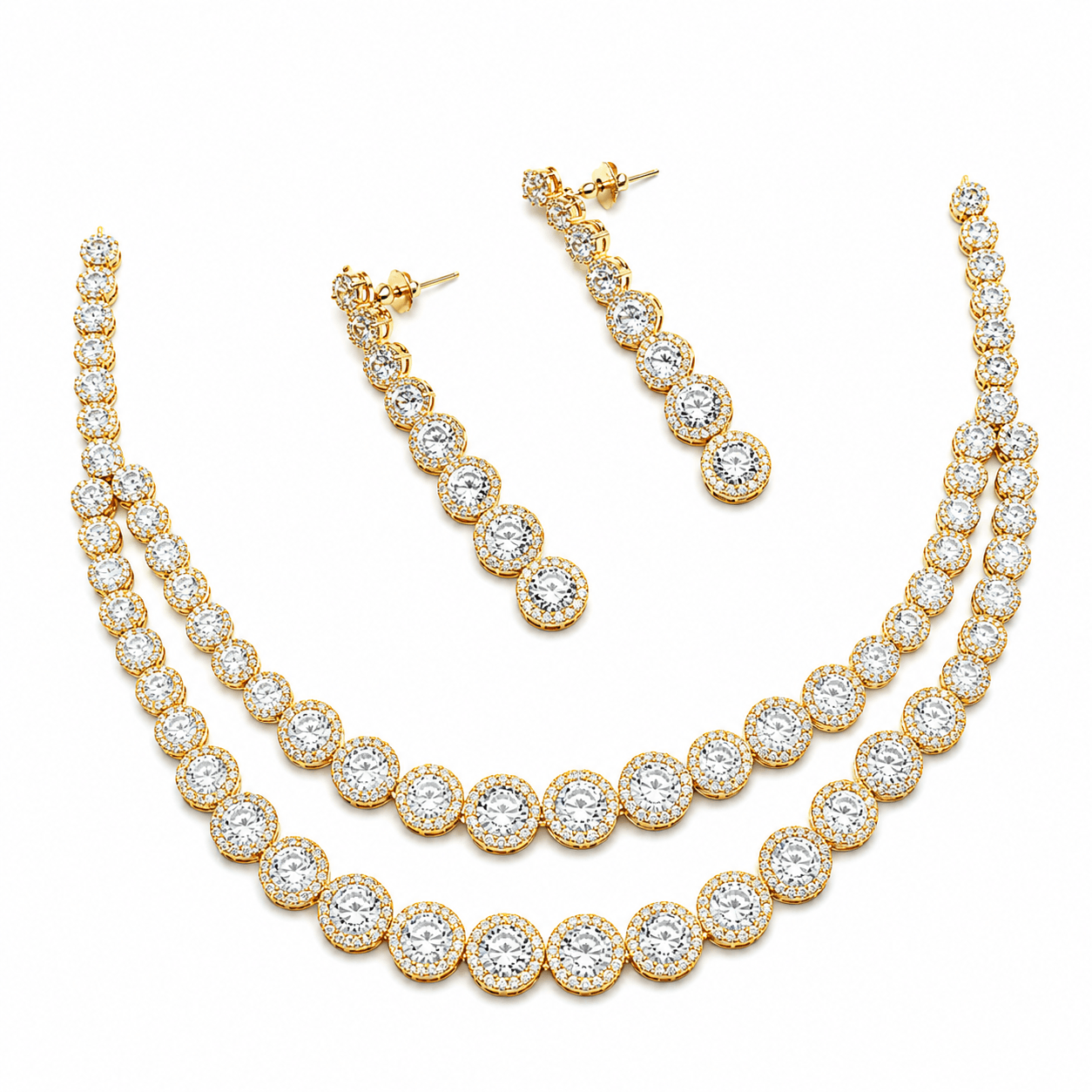 Luxury Double Layer CZ Necklace Set with Long Earrings for Women