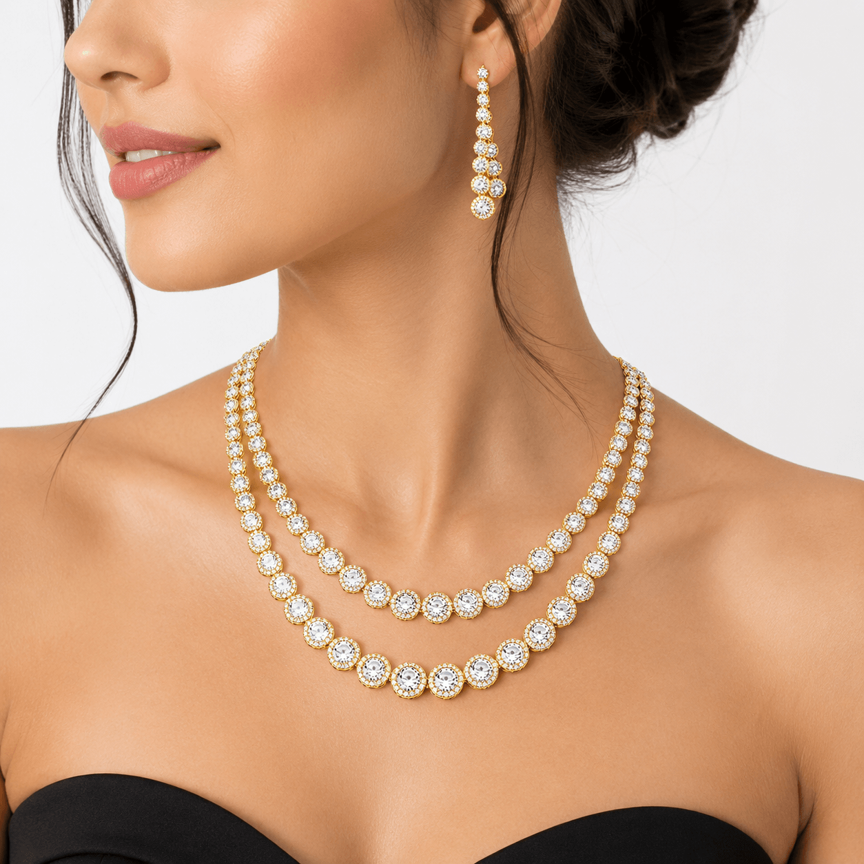 Luxury Double Layer CZ Necklace Set with Long Earrings for Women - Image 3