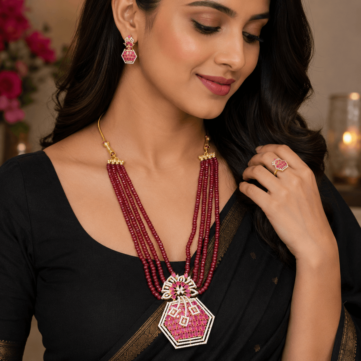Luxury Ruby Beaded Necklace Set with Statement Pendant & Matching Earrings - Image 3