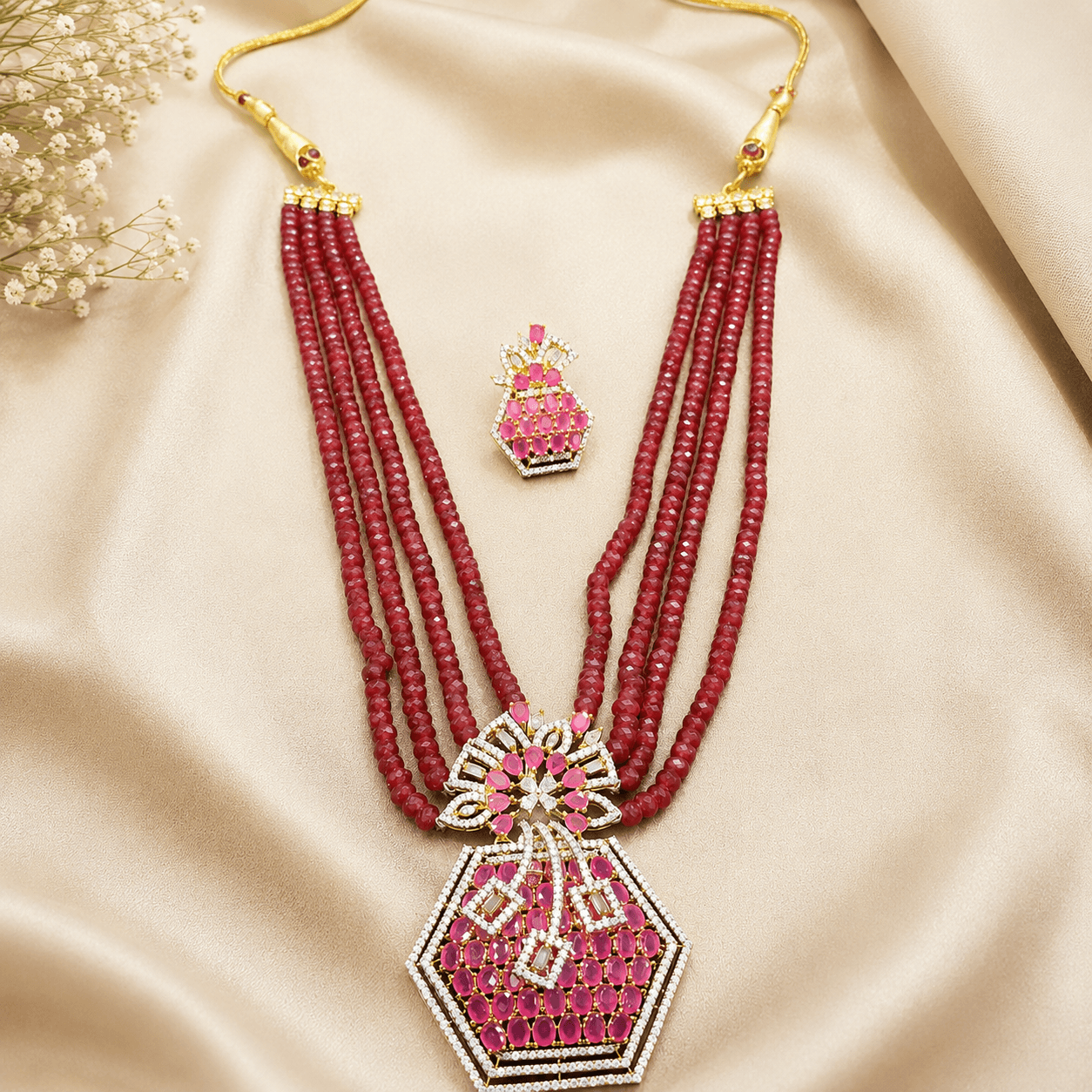 Luxury Ruby Beaded Necklace Set with Statement Pendant & Matching Earrings - Image 2