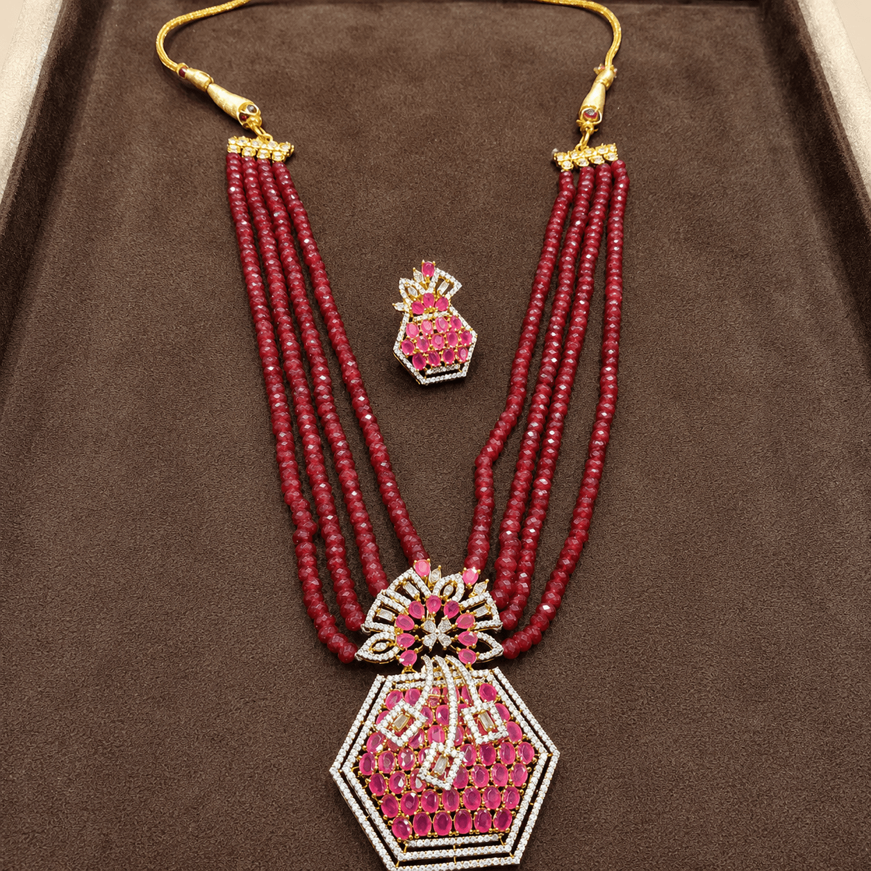 Luxury Ruby Beaded Necklace Set with Statement Pendant & Matching Earrings