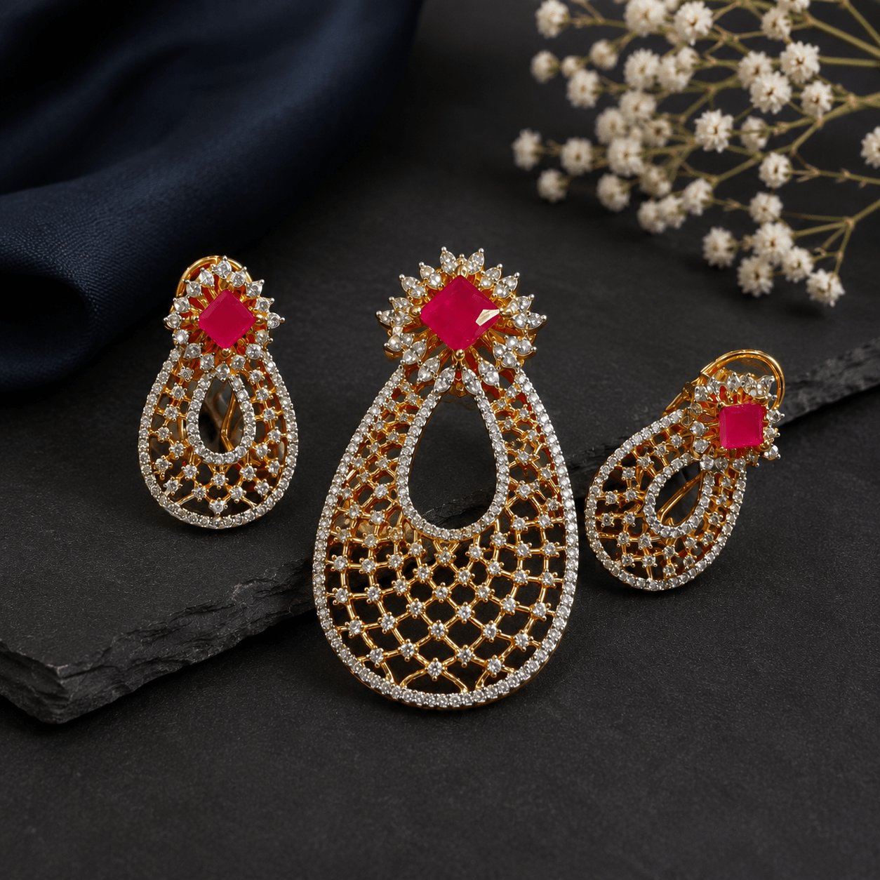 Luxury Ruby Pink American Diamond Pendant Set for Women - Image 2