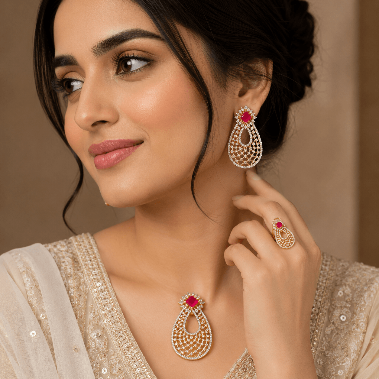 Luxury Ruby Pink American Diamond Pendant Set for Women - Image 3