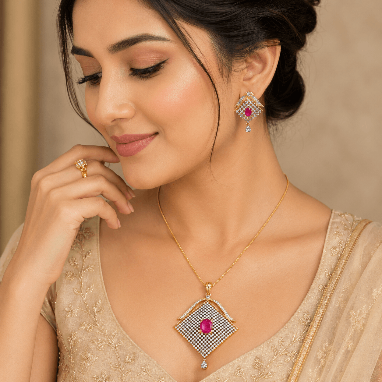 Luxury Ruby Pink Stone Pendant & Earrings Set for Women - Image 3