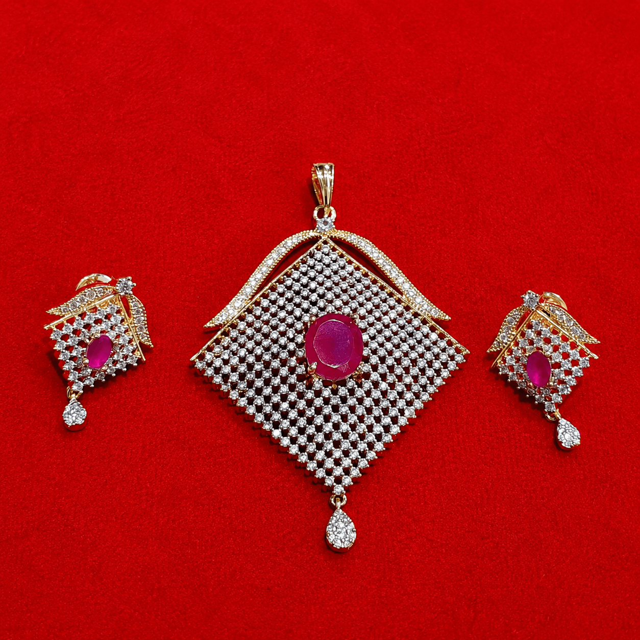 Luxury Ruby Pink Stone Pendant & Earrings Set for Women