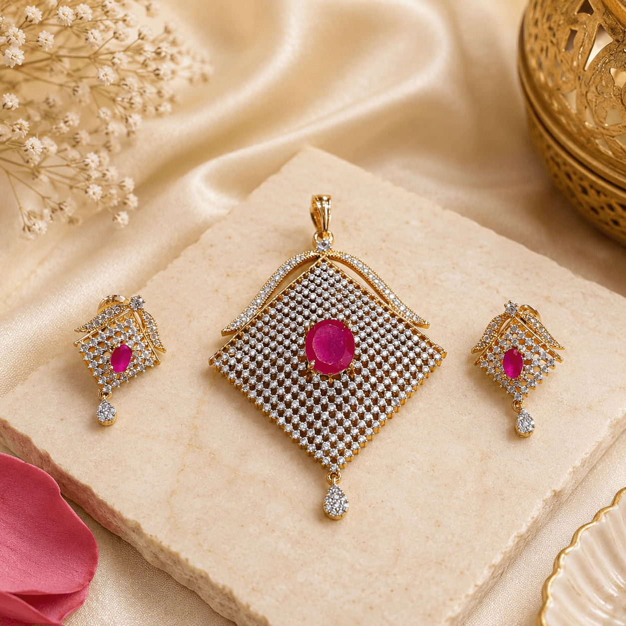 Luxury Ruby Pink Stone Pendant & Earrings Set for Women - Image 2