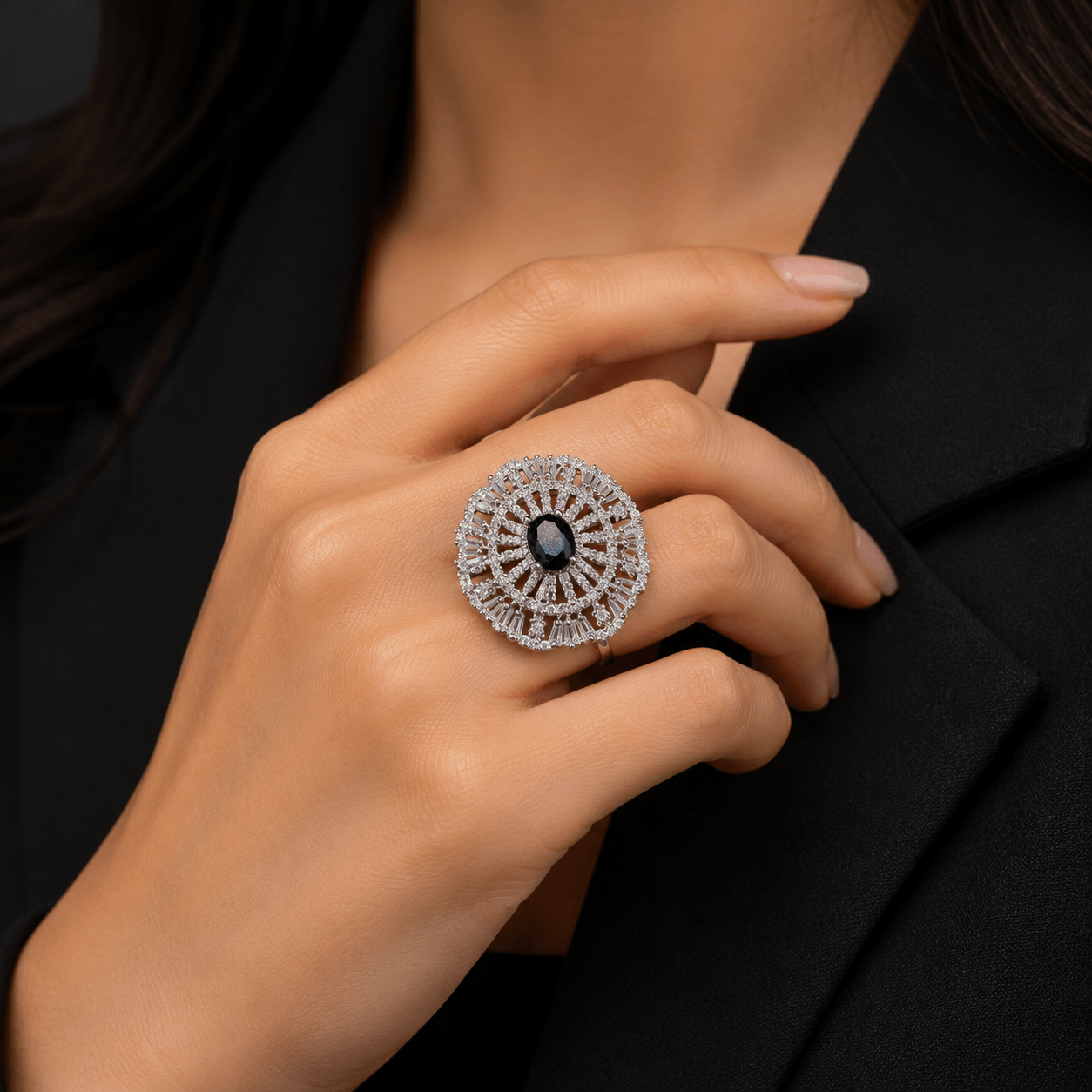 Midnight Bloom Crystal Statement Ring - Image 3