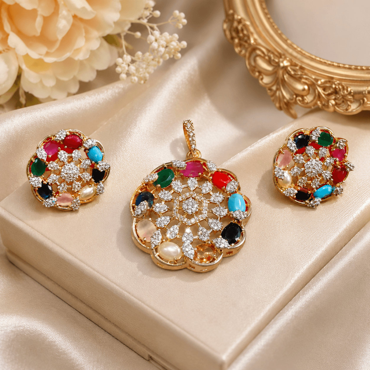 Navratna Multicolor Stone Pendant Set with Earrings & Ring for Women - Image 2