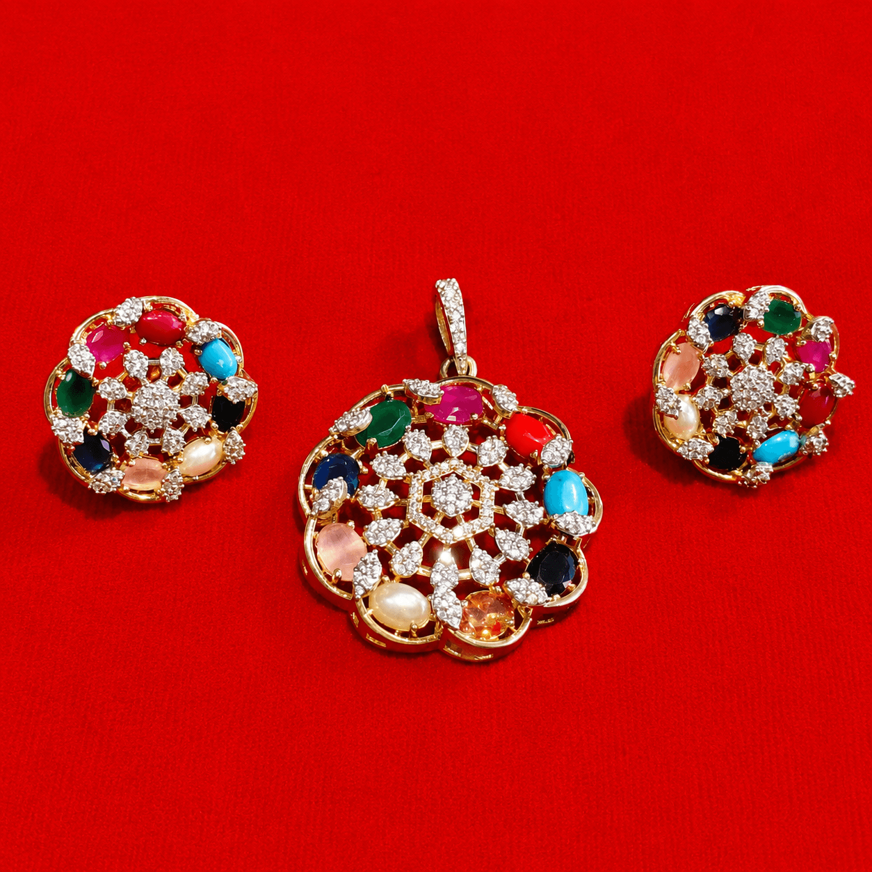 Navratna Multicolor Stone Pendant Set with Earrings & Ring for Women