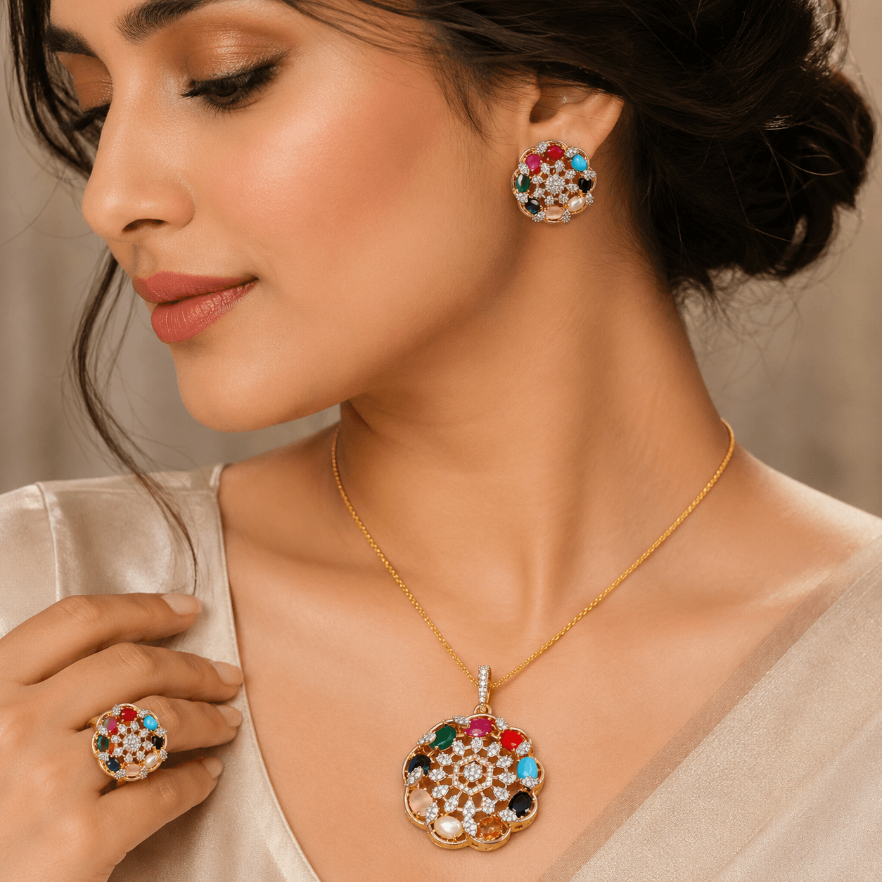 Navratna Multicolor Stone Pendant Set with Earrings & Ring for Women - Image 3