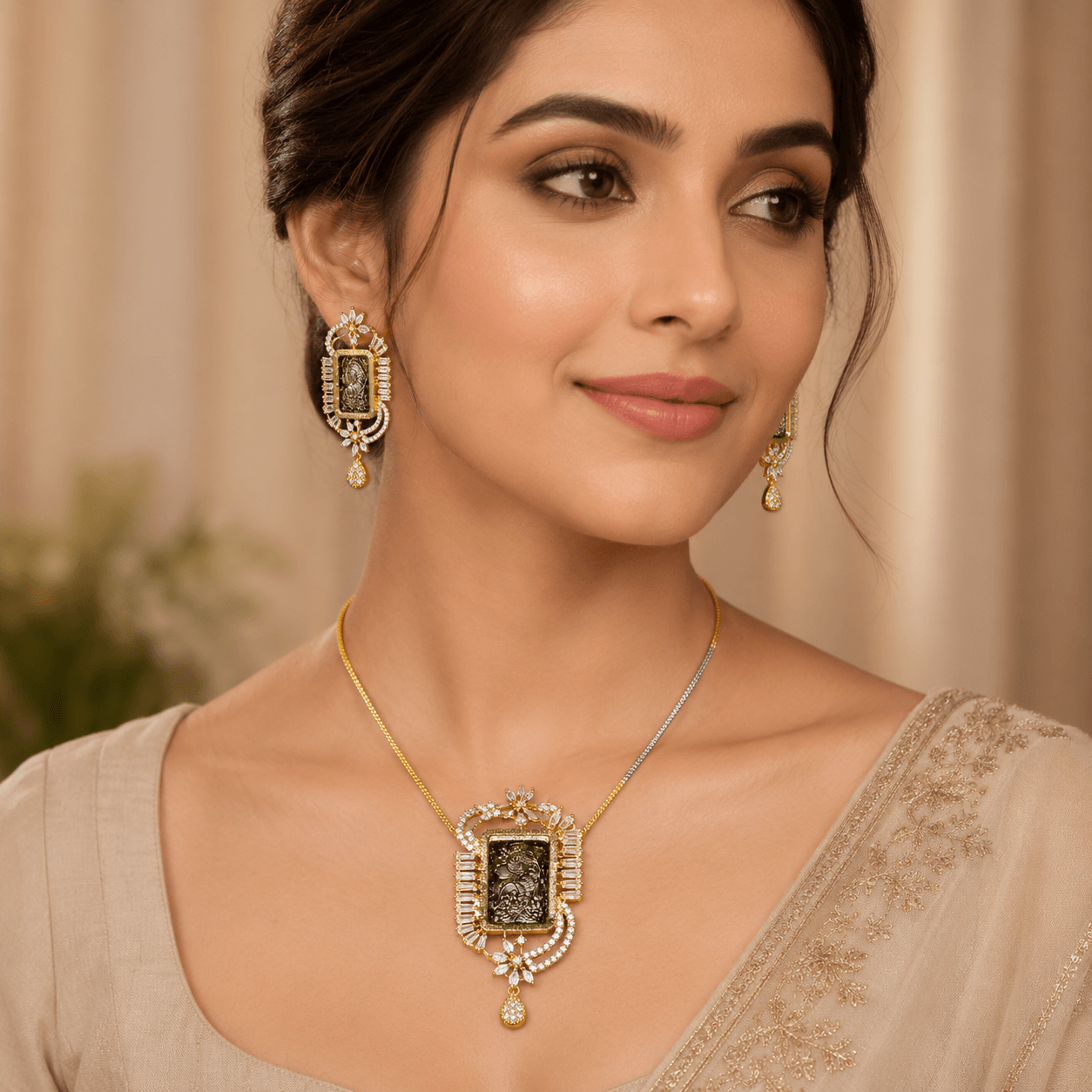 Pendant Set with American Diamond Earrings | Gold-Plated Ethnic Jewelry for Women - Image 3