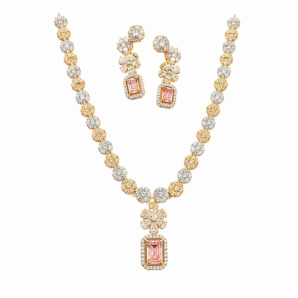Pink Crystal Floral Necklace Set with Matching Earrings for Women