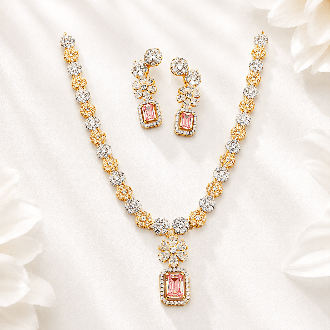 Pink Crystal Floral Necklace Set with Matching Earrings for Women - Image 2
