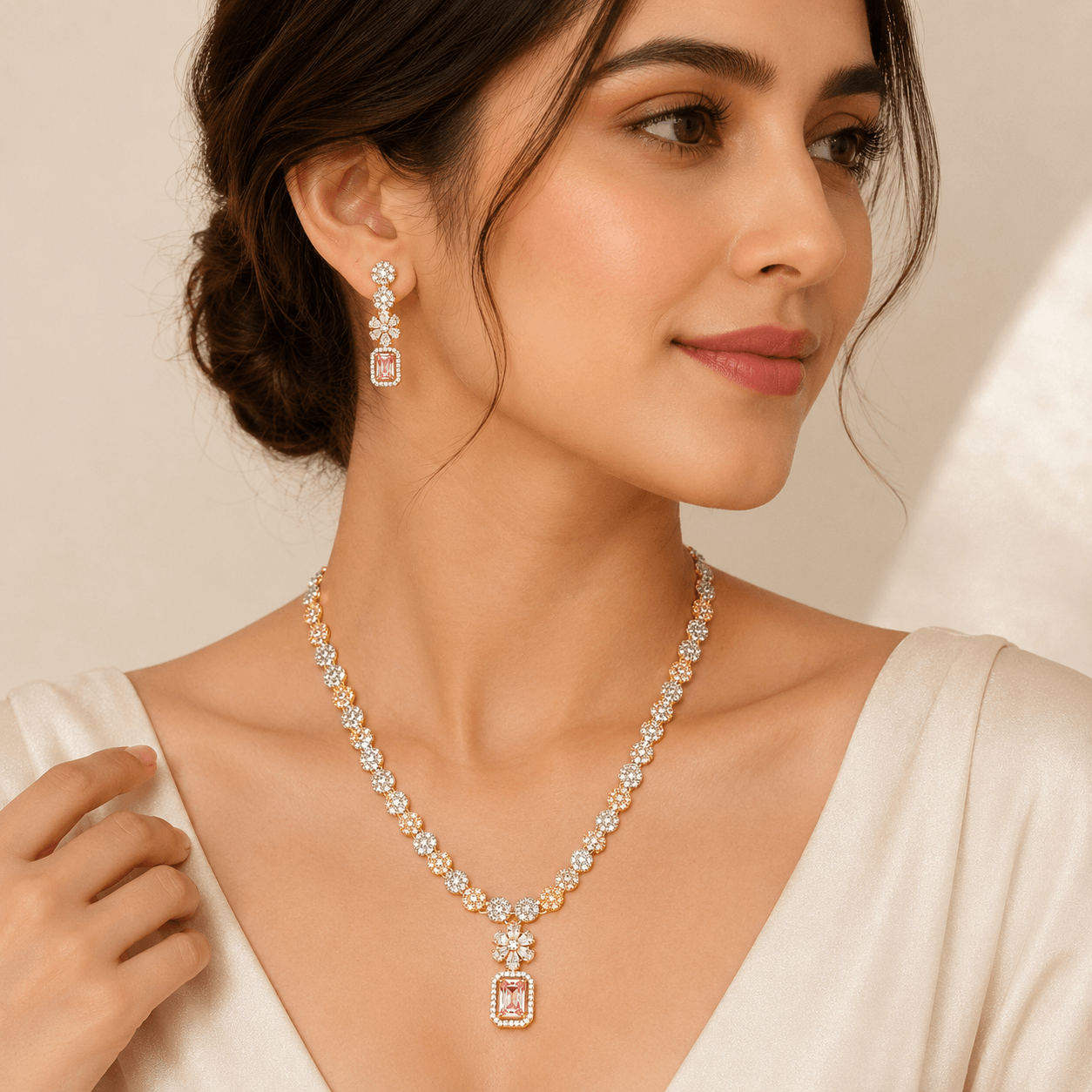 Pink Crystal Floral Necklace Set with Matching Earrings for Women - Image 3