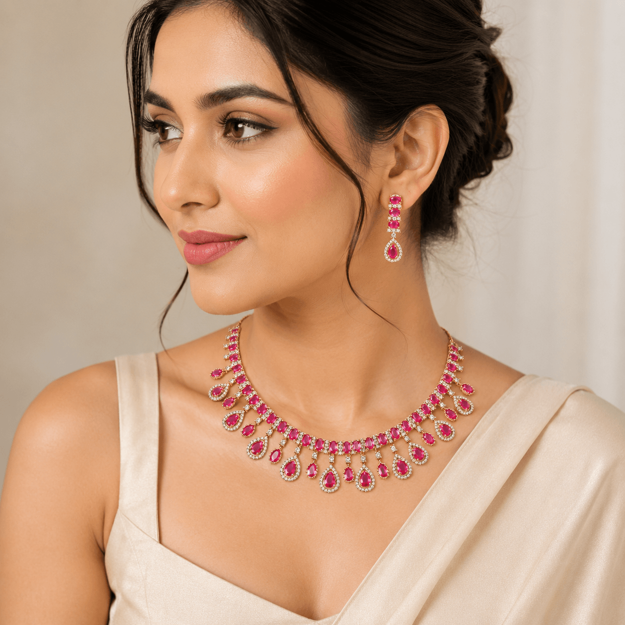 Pink Ruby Drop American Diamond Necklace Set for Women - Image 3