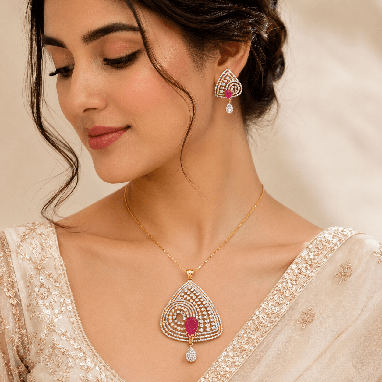 Premium American Diamond Pendant & Earrings Set for Women - Image 3